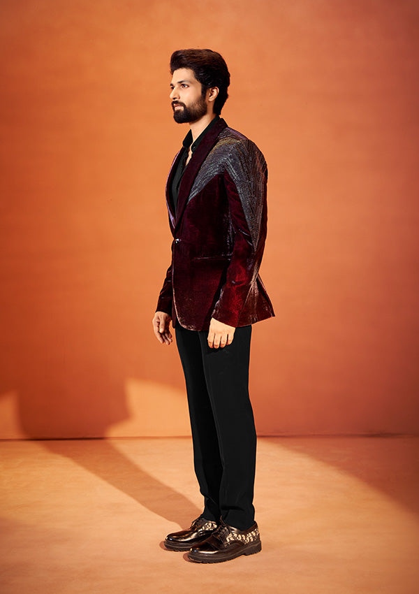 Dark Wine Velvet Suit with Handcrafted Detailing