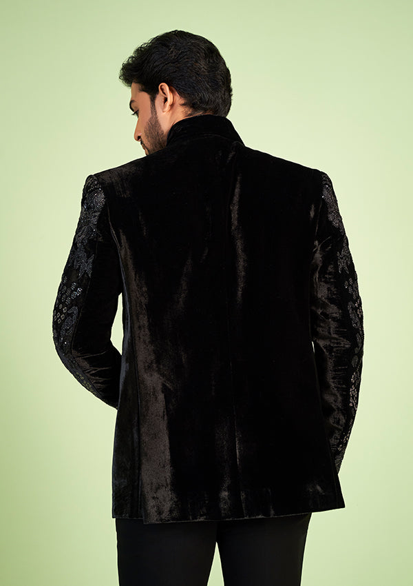 Black Velvet Jodhpuri Suit with cut moti & cut dana