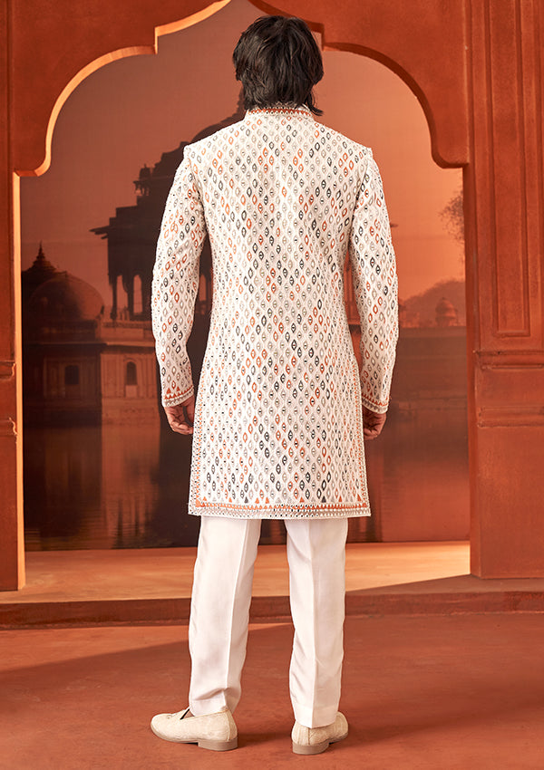 Off White Raw Silk Sherwani With All Over Multicolor Thread with Mirror Work