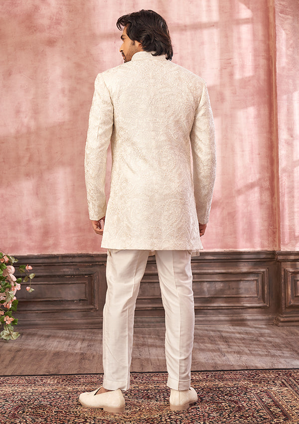 Off-White Bandhgala with Silk Thread Work & Organza Panel Detailing