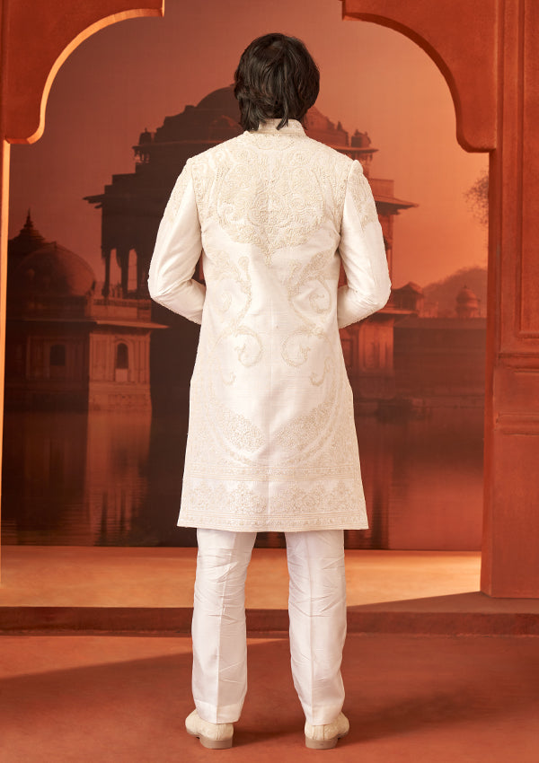 Off White Raw Silk Sherwani with allover thread with cut dana work