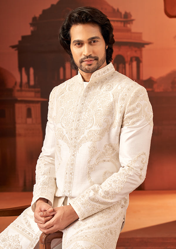 Off White Raw Silk Sherwani with allover thread with cut dana work