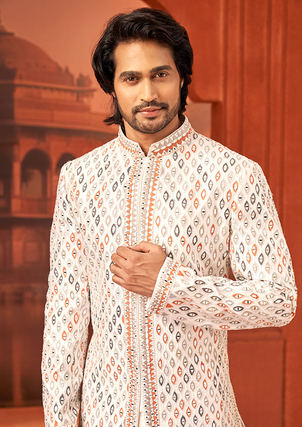 Off White Raw Silk Sherwani With All Over Multicolor Thread with Mirror Work