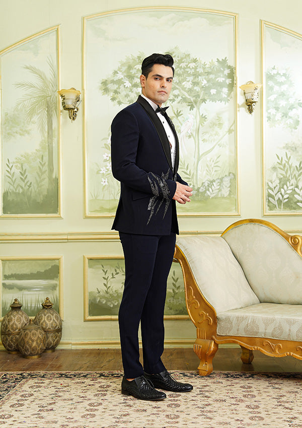 Blue Poly Viscose Suit With Salli Hand Work