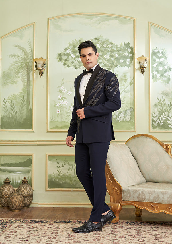 Blue Poly Viscose Suit With Salli Hand Work