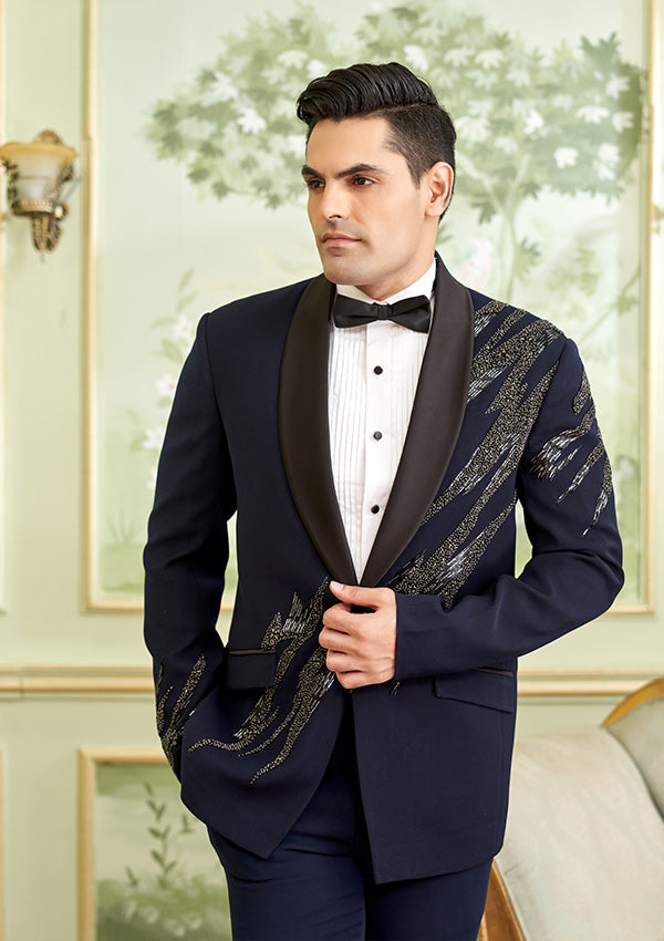 Blue Poly Viscose Suit With Salli Hand Work