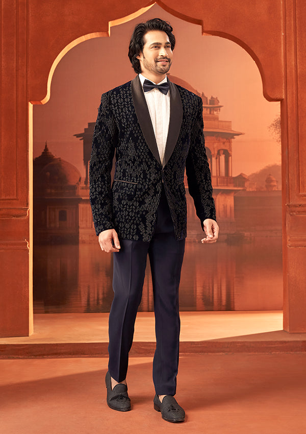 Blue Velvet Suit with Zardosi Embellish with Cut Moti Work