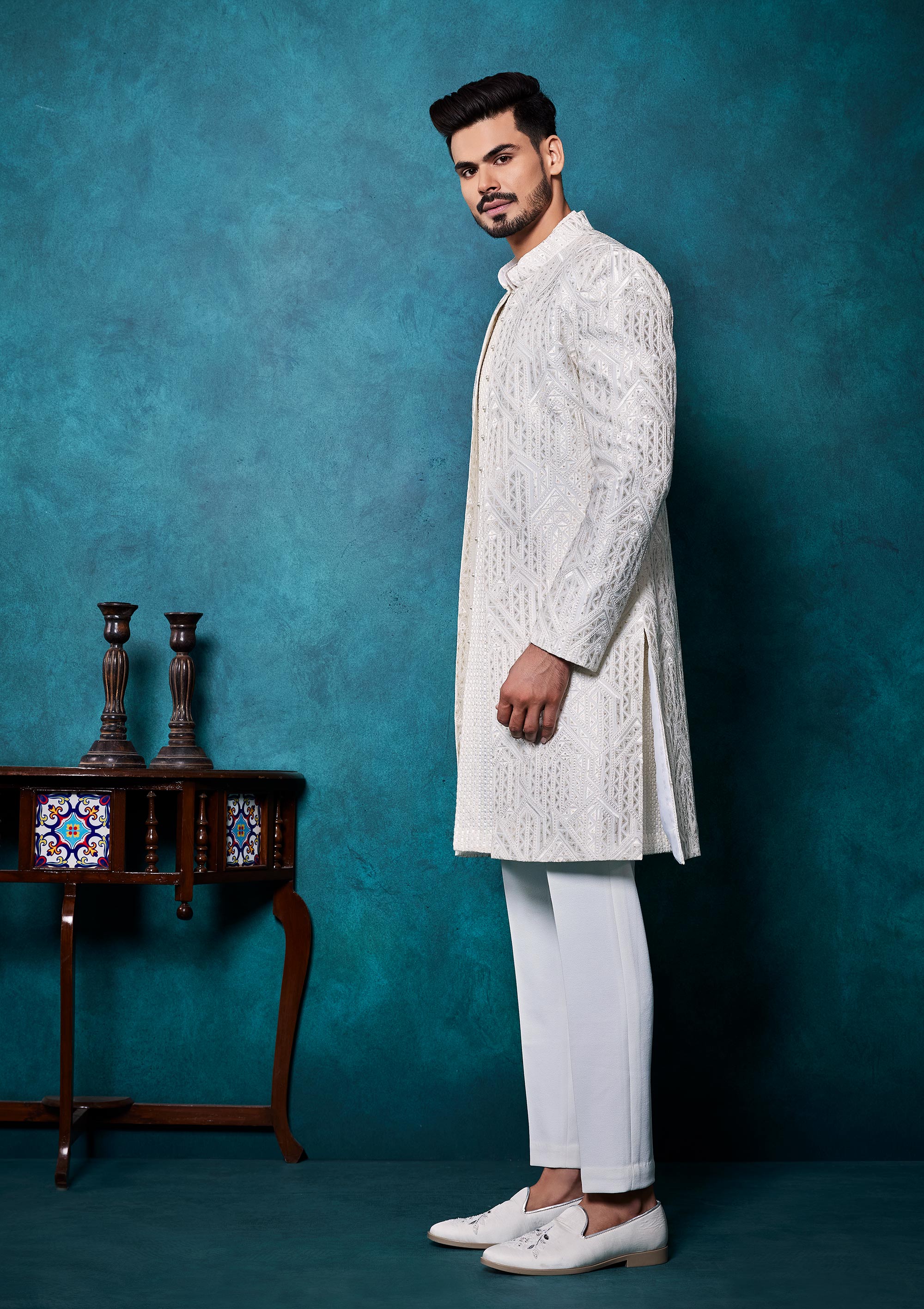 White Silk Indowestern Kurta Pyjama with threadwork