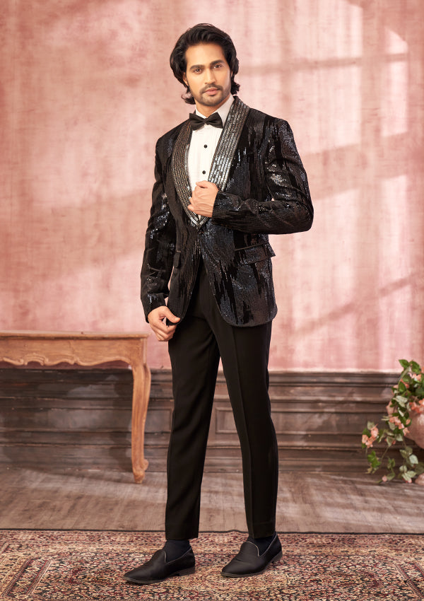 Black Velvet Suit with Fabric Stitch with tikki work