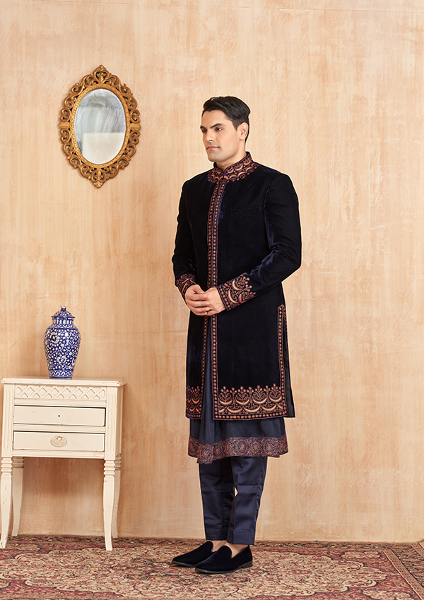 Blue indo fabric velvetter kurta & shawl modal satin with thread machine work