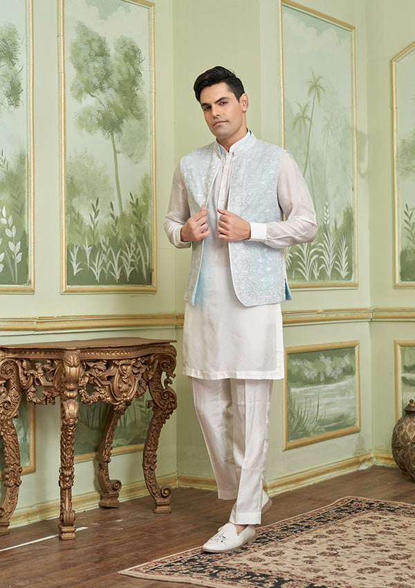 White & Koti Blue Koti Georgette Fabric & Kurta pajama silk with Thread work