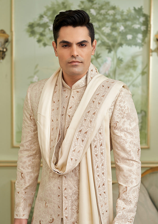 Cream raw silk & shawl modal satin with all over machine work