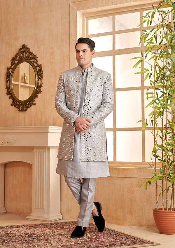 Light Grey Silk Indowestern With Mirror Work