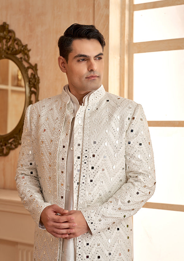 White Silk IndoWestern With Mirror Work