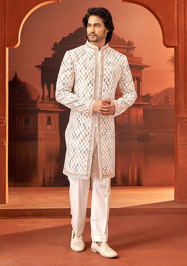 Off White Raw Silk Sherwani With All Over Multicolor Thread with Mirror Work