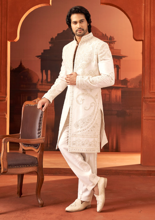 Off White Raw Silk Sherwani with allover thread with cut dana work