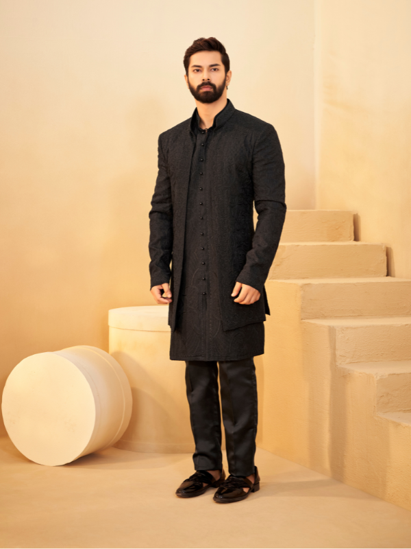 Black Organza Indo-Western with All-Over Embroidery and Moti Work