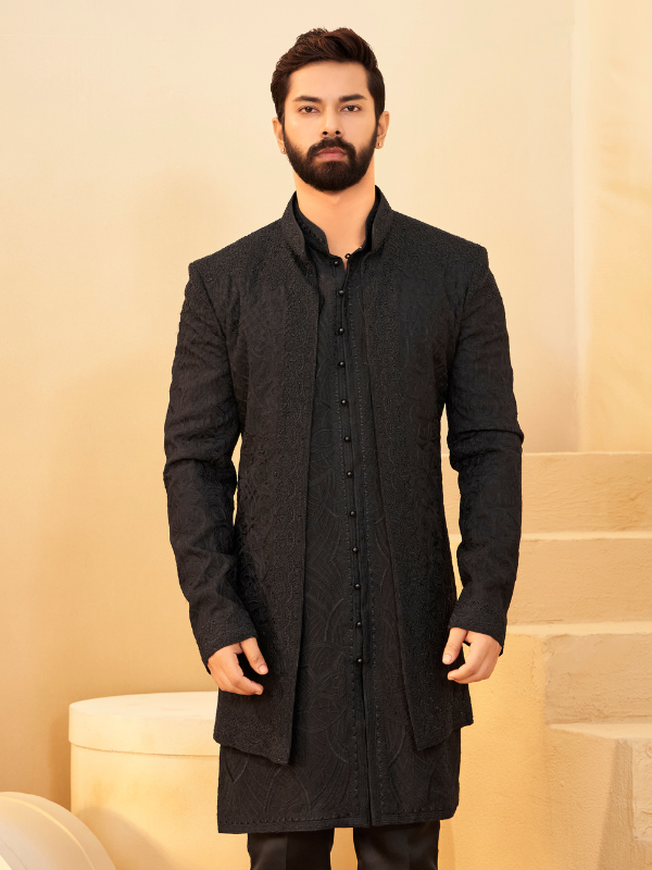 Black Organza Indo-Western with All-Over Embroidery and Moti Work