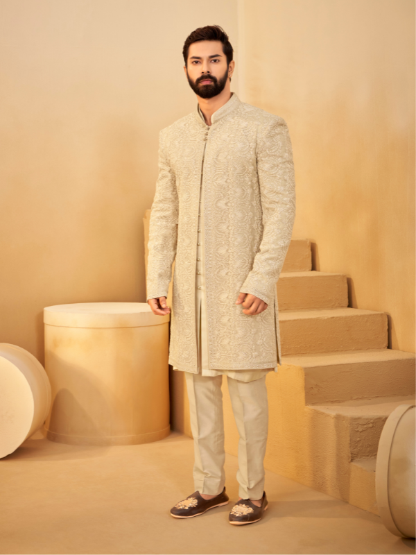 Dark Beige Organza Indo-Western Kurta with All-Over Thread Work & Cutdana Highlights