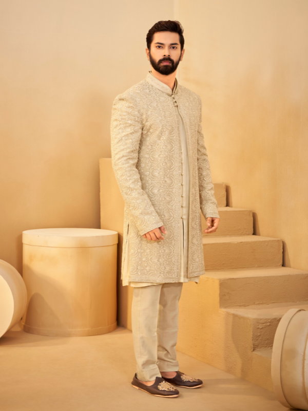 Dark Beige Organza Indo-Western Kurta with All-Over Thread Work & Cutdana Highlights
