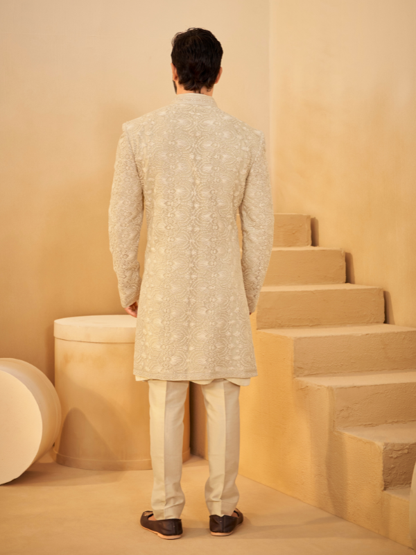 Dark Beige Organza Indo-Western Kurta with All-Over Thread Work & Cutdana Highlights