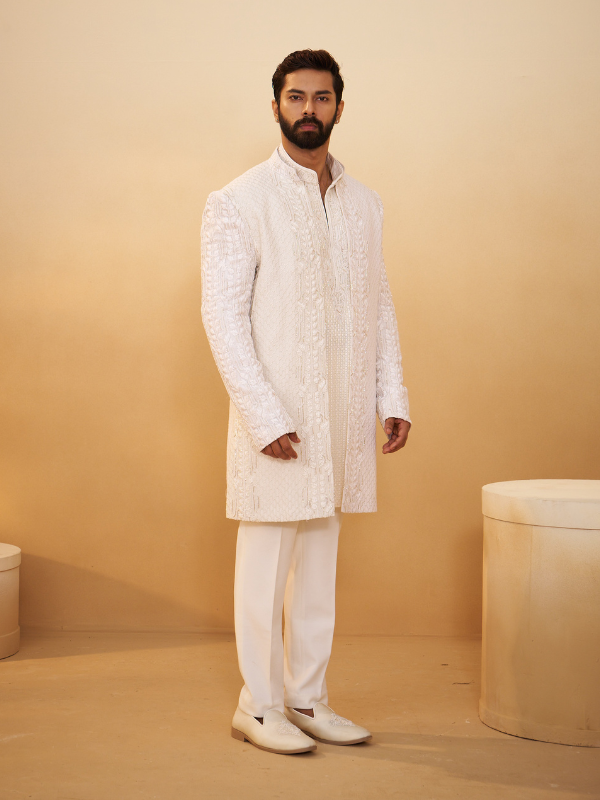 Off White Georgette Indo-Western Kurta with All-Over Cutdana & Moti Work
