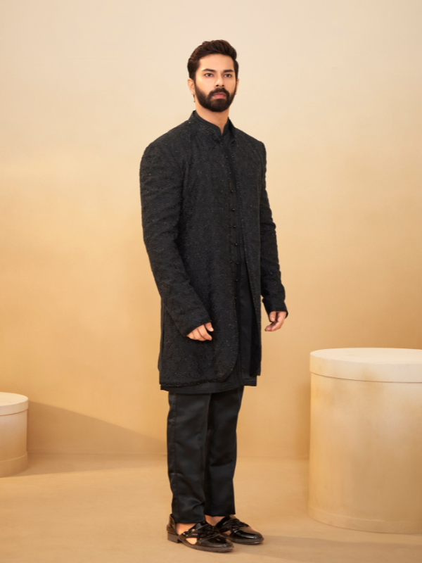 Black Lucknowi Indo-Western Kurta with Cutdana & Thread Panel Embroidery