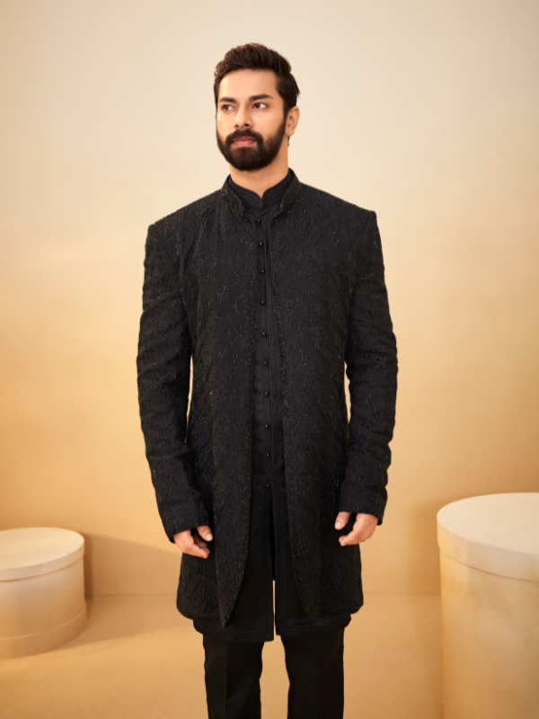 Black Lucknowi Indo-Western Kurta with Cutdana & Thread Panel Embroidery
