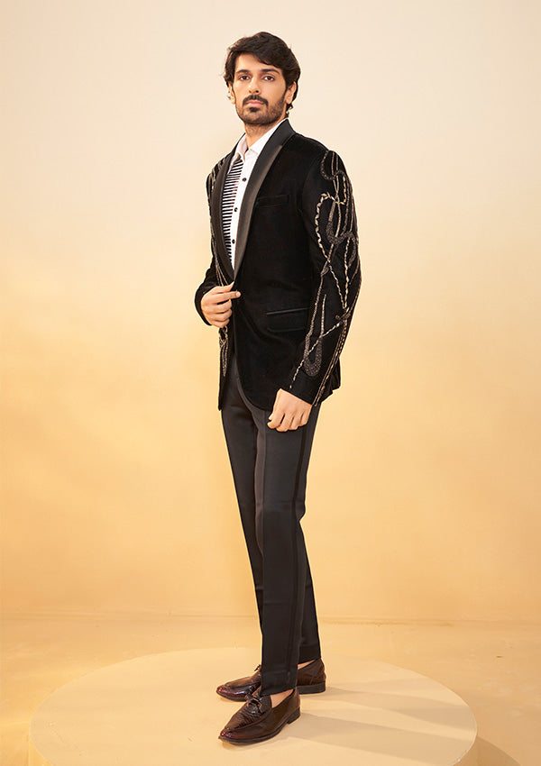 Black Velvet Suit with Handcrafted Metallic and Cut Pearl Detailing