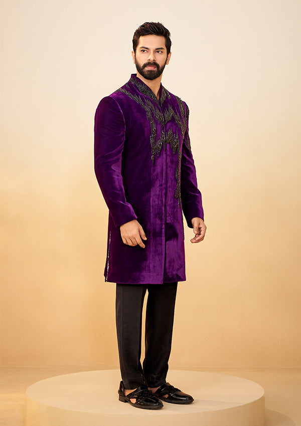 Purple Velvet Indo-Western with All-Over Cutdana Work