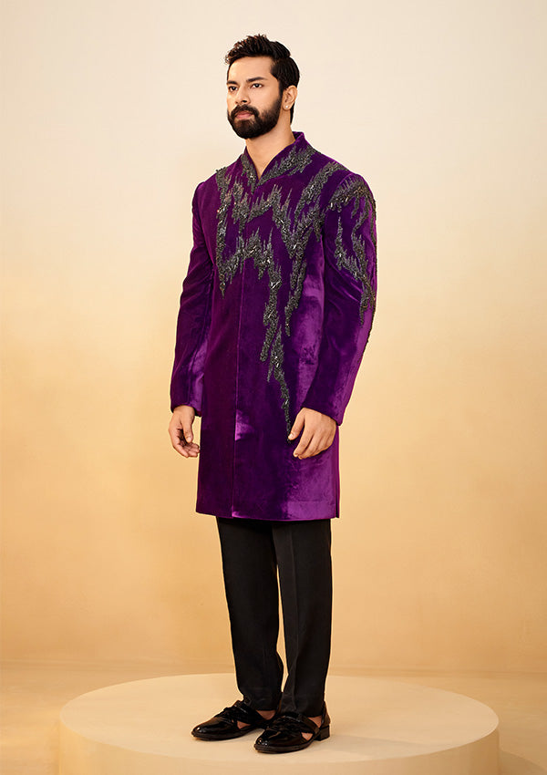 Purple Velvet Indo-Western with All-Over Cutdana Work