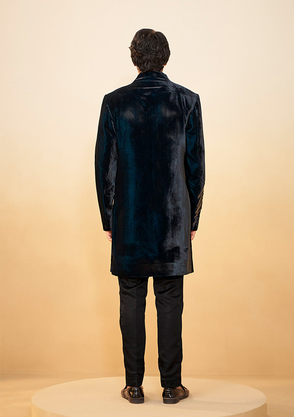 Blue Velvet Indo-Western with All-Over Cutdana and Moti Work
