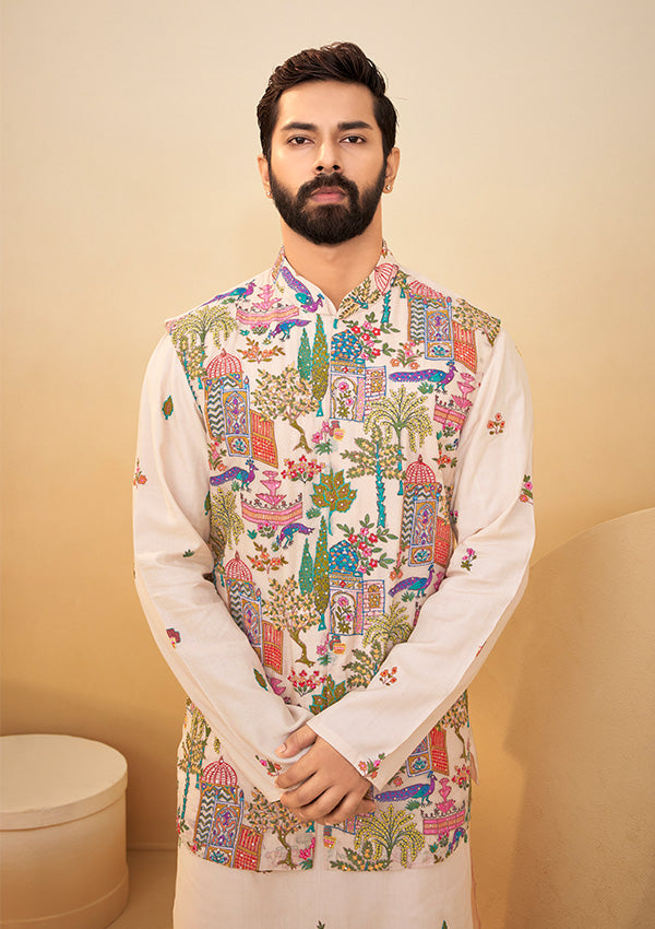 Beige Spun Silk Kurta with Organza Koti Featuring All-Over Thread & Butti Work