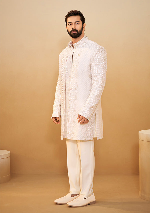 Off White Georgette Indo-Western Kurta with All-Over Cutdana & Moti Work