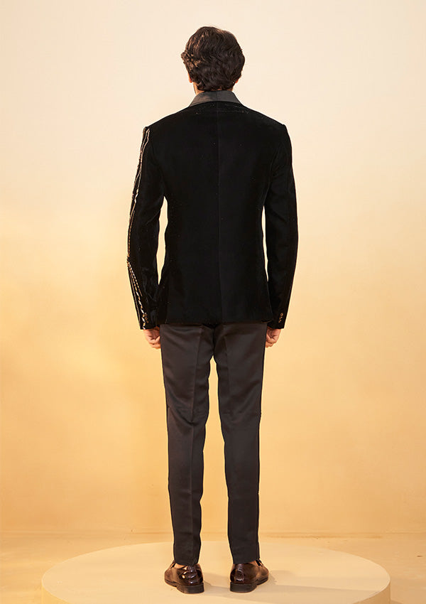 Black Velvet Suit with Handcrafted Metallic and Cut Pearl Detailing