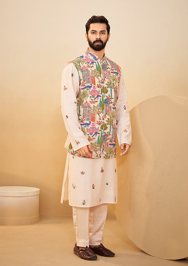 Beige Spun Silk Kurta with Organza Koti Featuring All-Over Thread & Butti Work