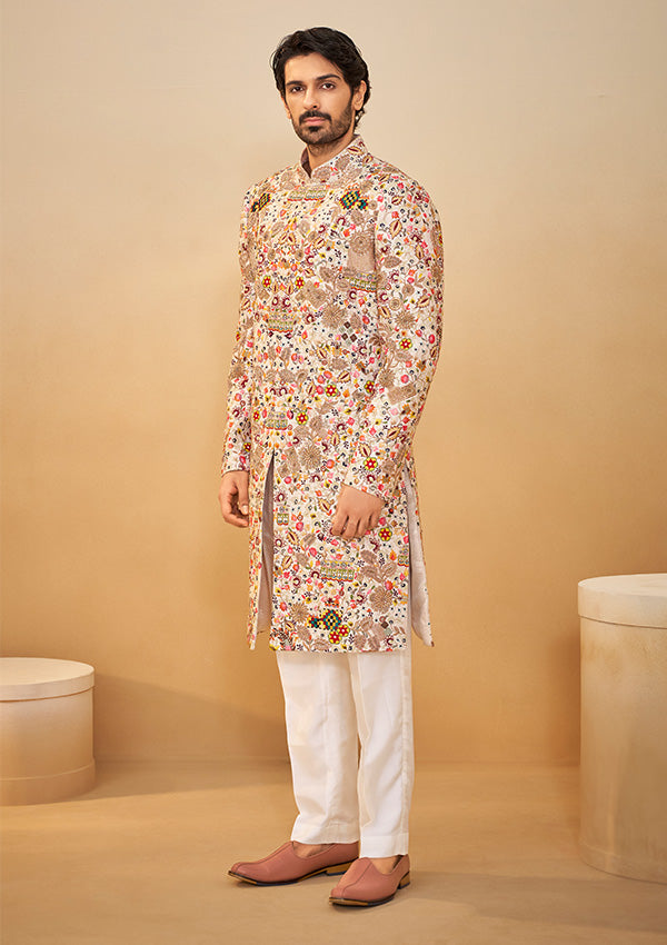Cream Raw Silk Sherwani with All-Over Multi-Color Thread & Rose Gold Zardozi Work