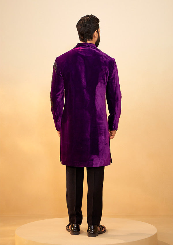 Purple Velvet Indo-Western with All-Over Cutdana Work