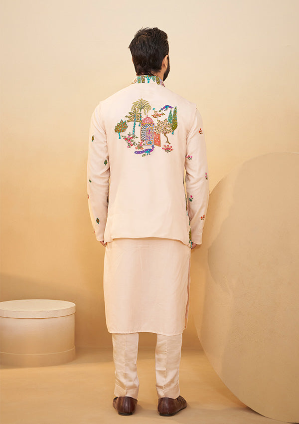Beige Spun Silk Kurta with Organza Koti Featuring All-Over Thread & Butti Work