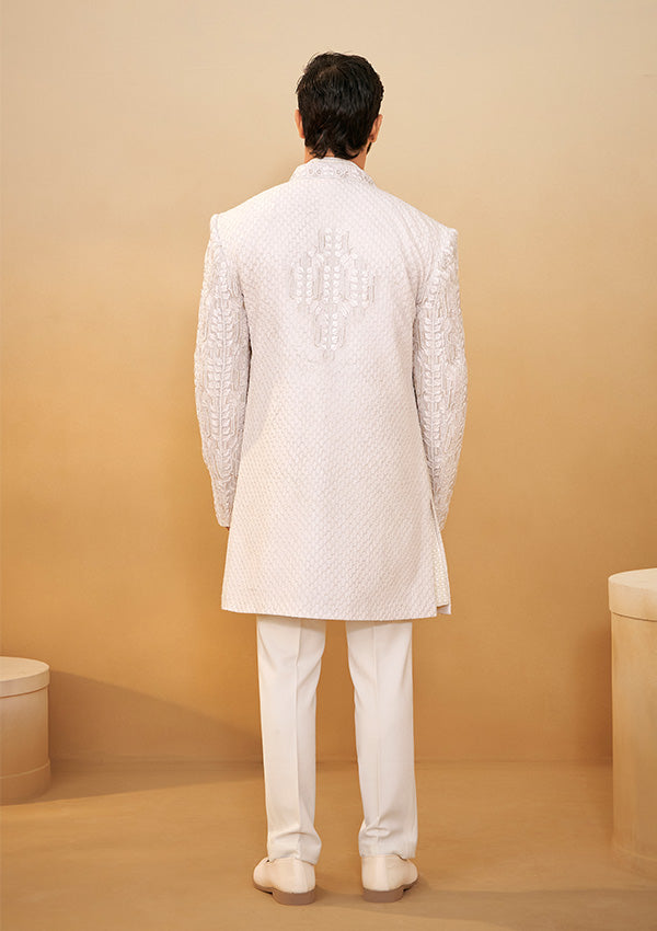 Off White Georgette Indo-Western Kurta with All-Over Cutdana & Moti Work