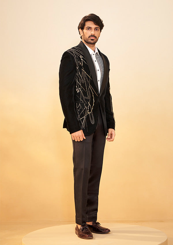 Black Velvet Suit with Handcrafted Metallic and Cut Pearl Detailing