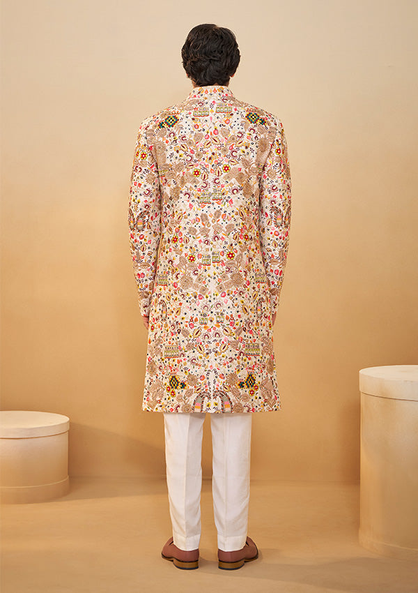 Cream Raw Silk Sherwani with All-Over Multi-Color Thread & Rose Gold Zardozi Work