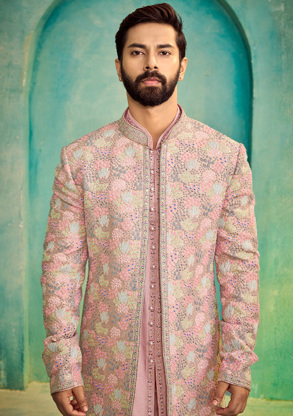Multi-Colour Chanderi Silk Indo-Western Kurta with Embroidered Collar & Two-Panel Detailing