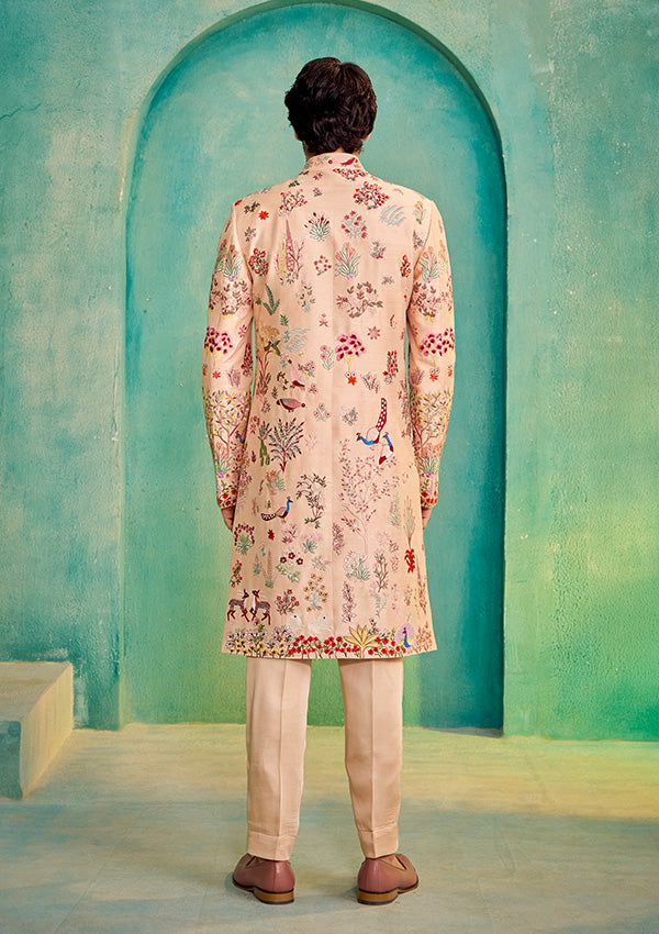 Peach Raw Silk Sherwani with All-Over Multi-Colour Thread Work