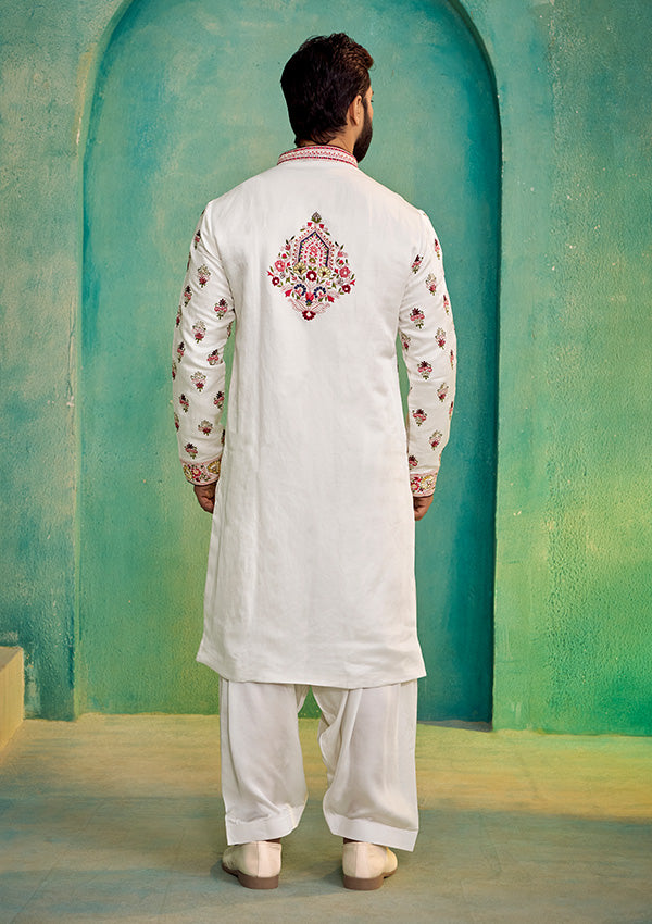 Off White Linen Satin Kurta Salwar with All-Over Thread Machine Work