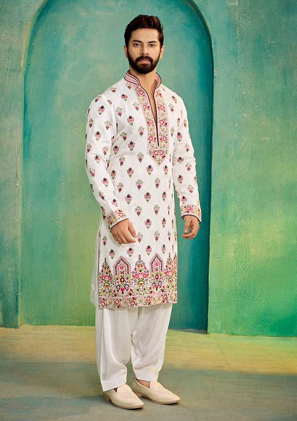 Off White Linen Satin Kurta Salwar with All-Over Thread Machine Work