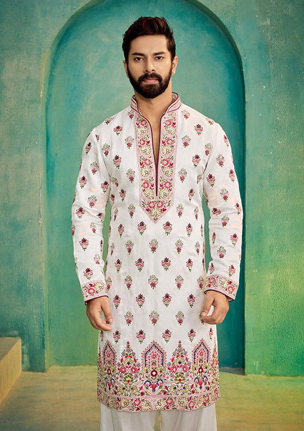 Off White Linen Satin Kurta Salwar with All-Over Thread Machine Work