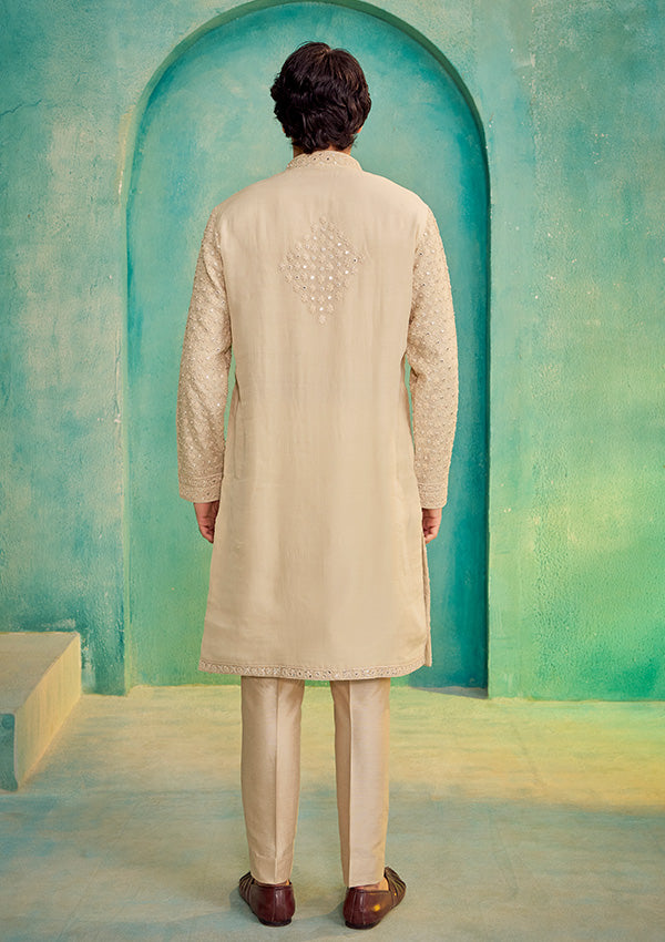 Beige Organza Kurta with All-Over Thread and Mirror Work