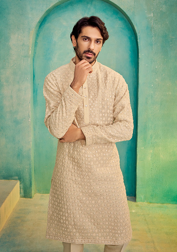 Beige Organza Kurta with All-Over Thread and Mirror Work