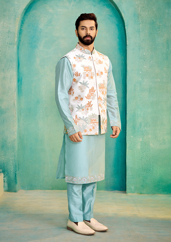 Off White Raw Silk Koti with Mint Green Cherry Silk Kurta and All-Over Multi-Colour Thread Work.